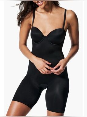 SPANXshape Suit Your Fancy Strapless Cupped Mid Thigh Bodysuit Black Size XL